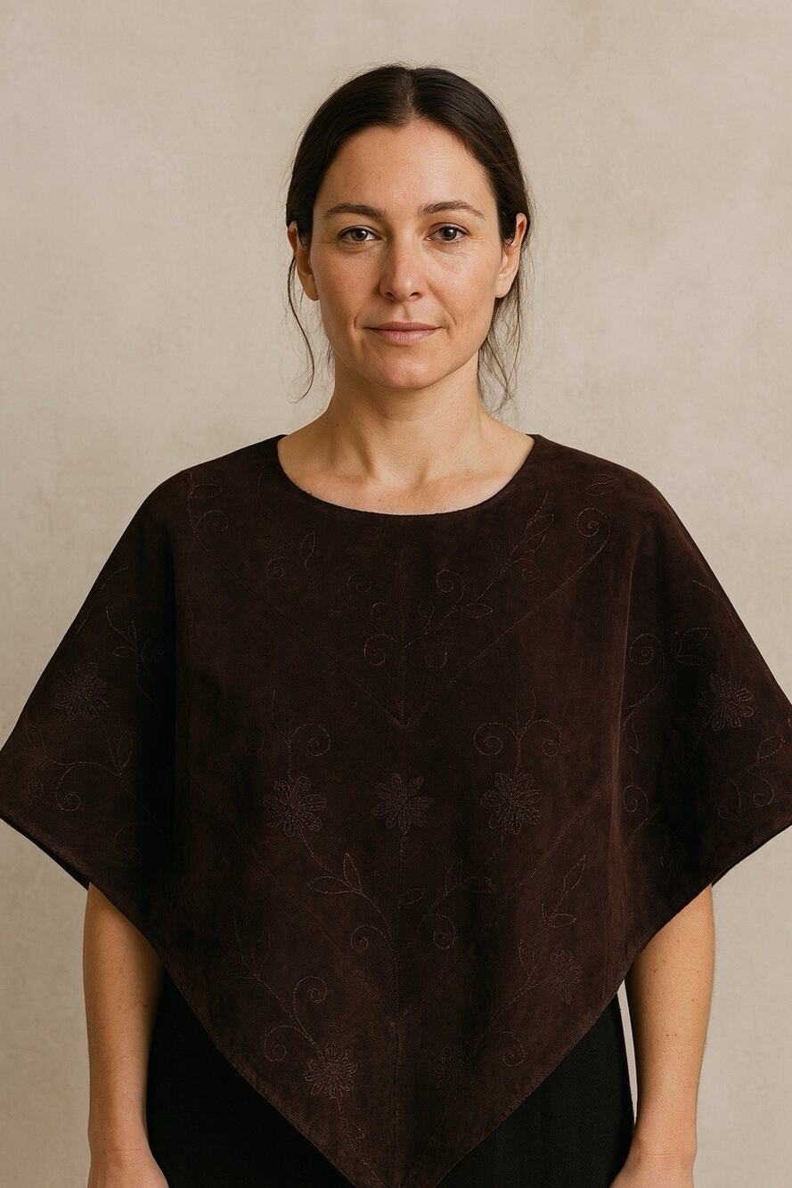 Vintage Spiegel Dark Brown Suede Embroidered Leather Cape Poncho Bohemian BoHo
